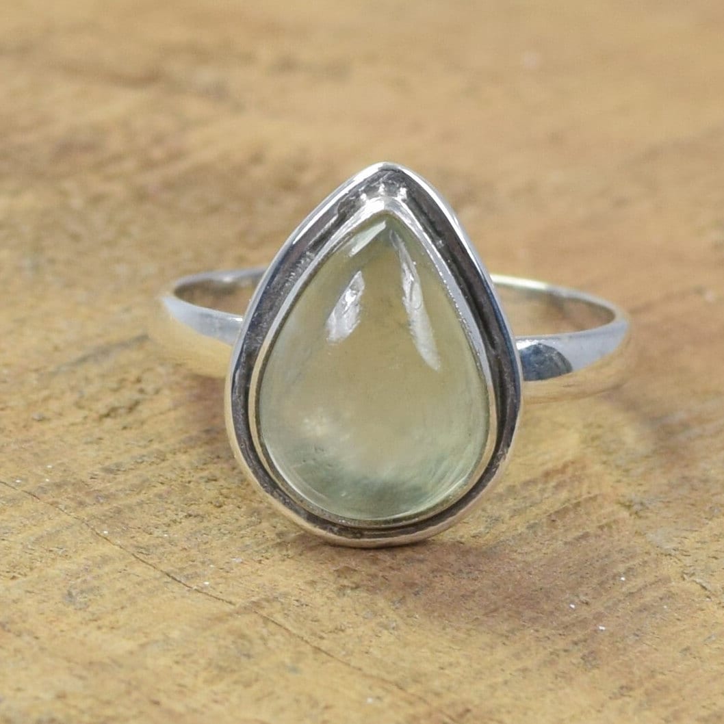 Green Prehnite Pear Ring: 925 Sterling Silver Gemstone Jewelry Green Prehnite Pear Ring: 925 Sterling Silver Gemstone Jewelry