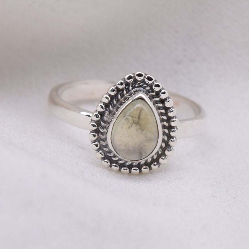 Green Prehnite Ring: Pear Shape Sterling Silver Gemstone Jewelry Green Prehnite Ring: Pear Shape Sterling Silver Gemstone Jewelry