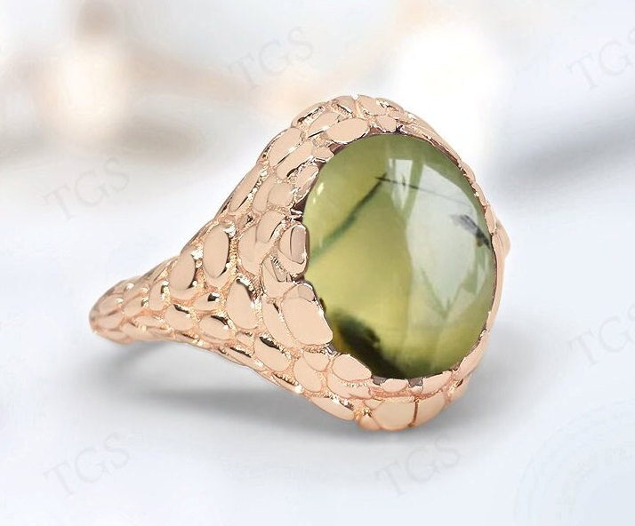 Green Prehnite Signet  Ring For Women Unique Handmade Ring 14k Gold Green Prehnite Gothic Ring Art Deco Texture Style Ring Gift For Her