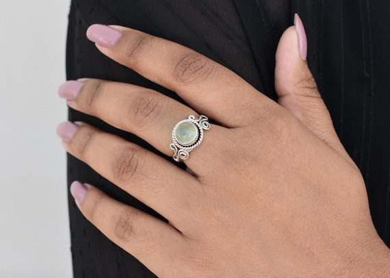 Green Prehnite Silver Ring For Her, Womens Natural Gemstone Ring, 925 Sterling Silver Jewellery, Anniversary Gifts For Wife, Solitaire Ring