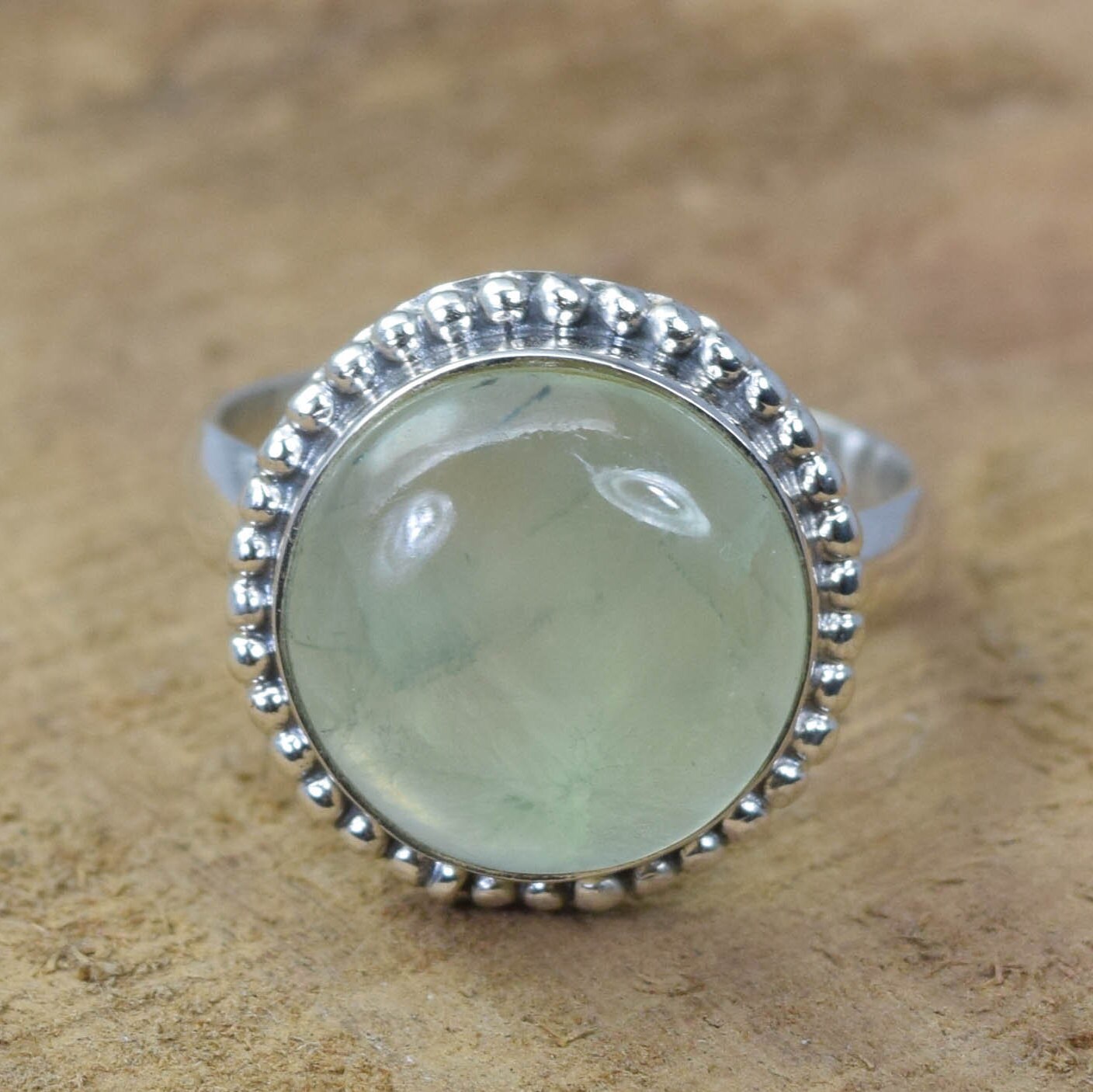 Green Prehnite Sterling Silver Ring: Round Gemstone Jewelry Green Prehnite Sterling Silver Ring: Round Gemstone Jewelry