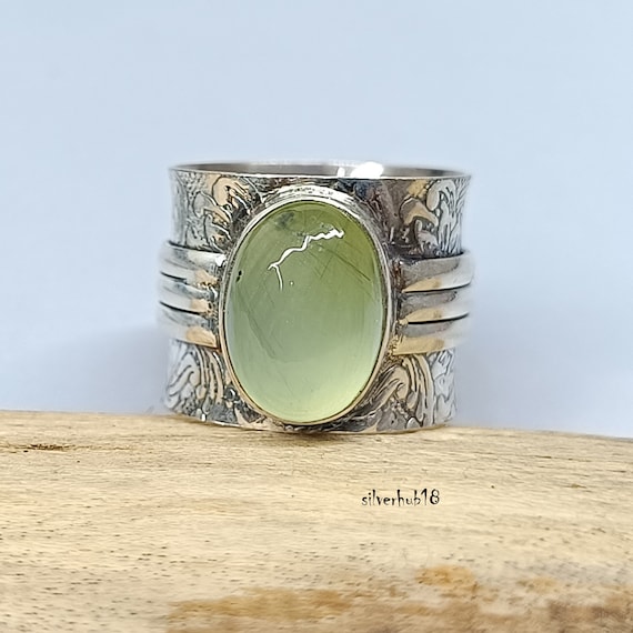 Handmade Prehnite Ring: Chunky 925 Sterling Silver Wide Band