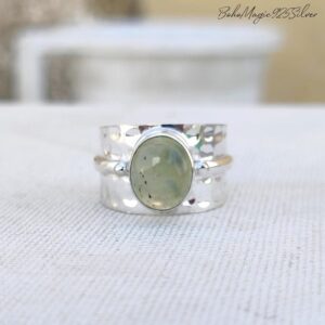 Handmade Prehnite Sterling Silver Ring - Wide Hammered Band Handmade Prehnite Sterling Silver Ring - Wide Hammered Band