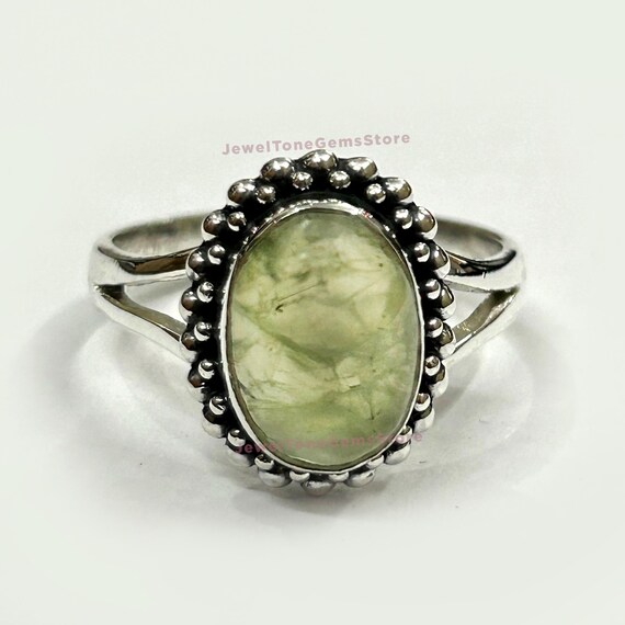 Handmade Sterling Silver Prehnite Ring: Oval Gemstone, Stackable Vintage Style