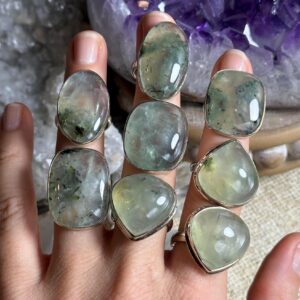 Large Prehnite With Epidote Ring, .925 Sterling Silver Ring Large Prehnite With Epidote Ring, .925 Sterling Silver Ring