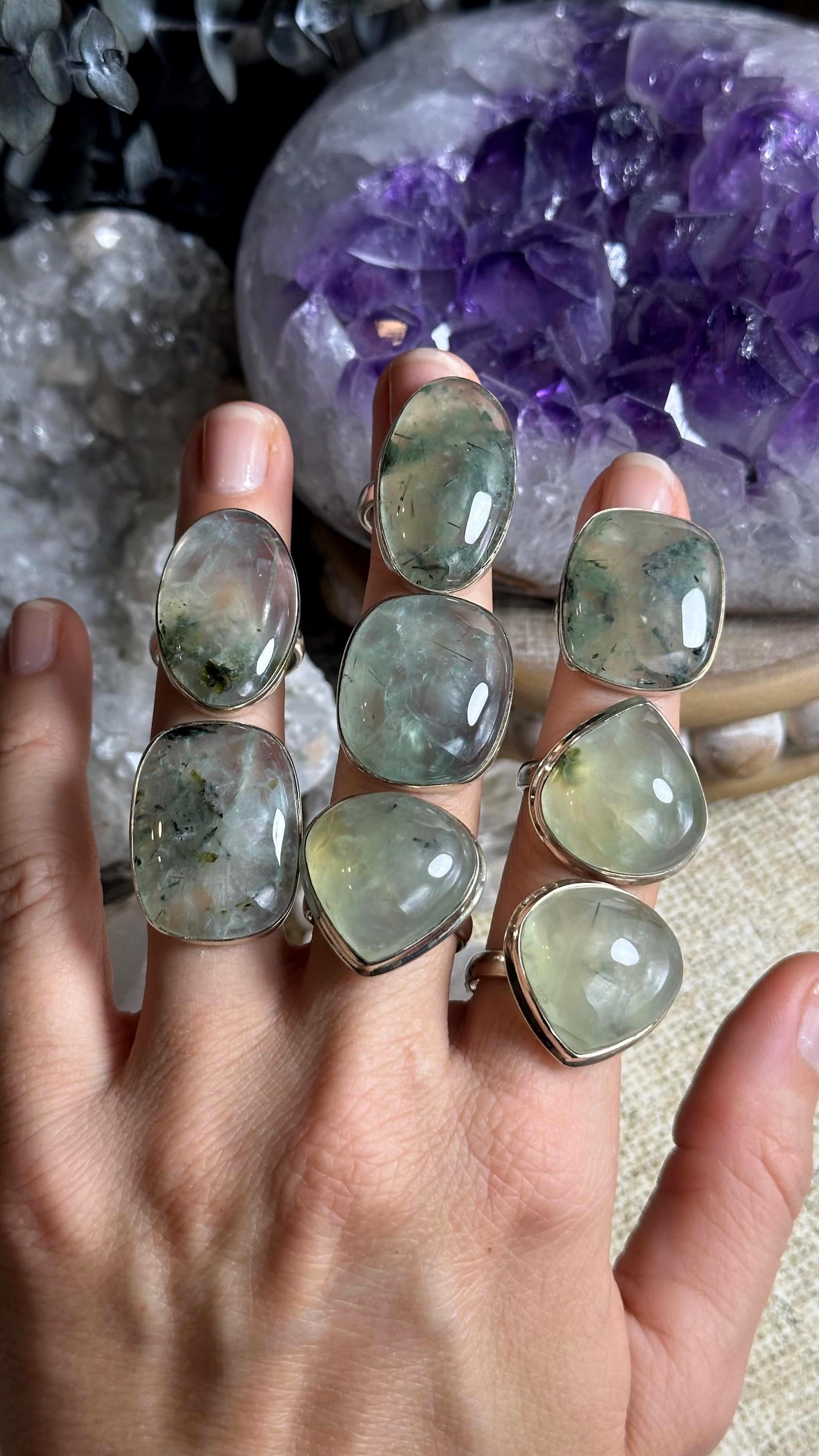 Large Prehnite With Epidote Ring, .925 Sterling Silver Ring Large Prehnite With Epidote Ring, .925 Sterling Silver Ring