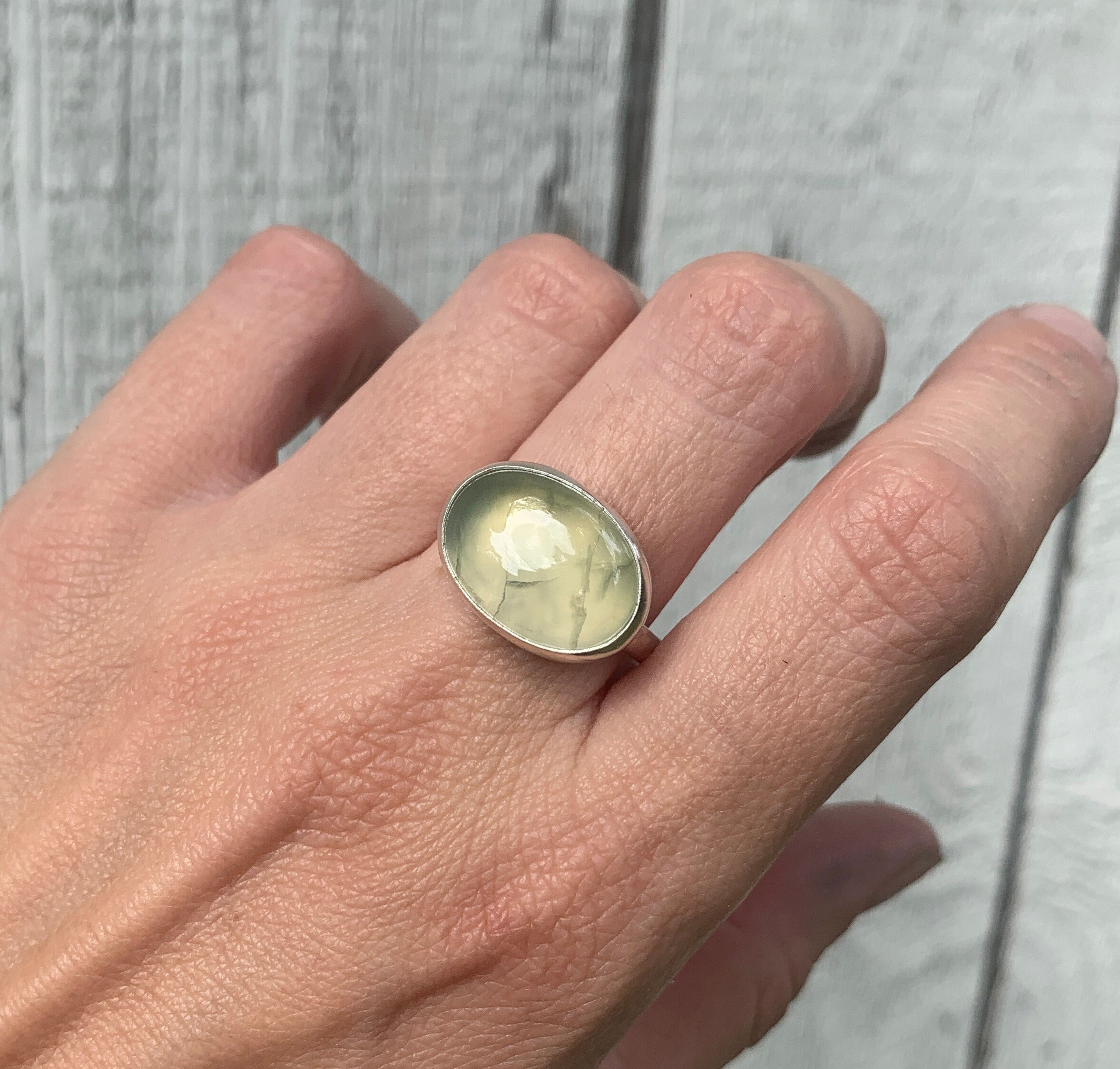 Large Oval Apple Green Prehnite Semi Precious Stone Sterling Silver Ring , Green Gemstone Ring , Prehnite Ring , Love Stone , Gifts For Her