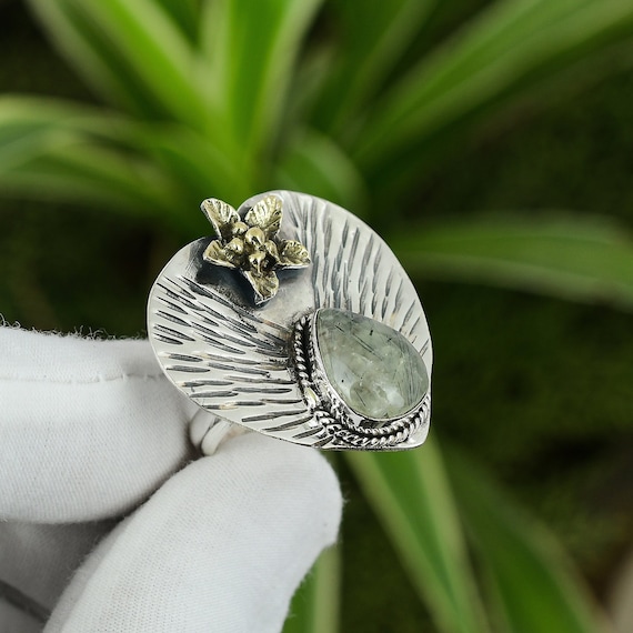 Moss Prehnite 925 Sterling Silver Ring - Adjustable 18k Gold Flower