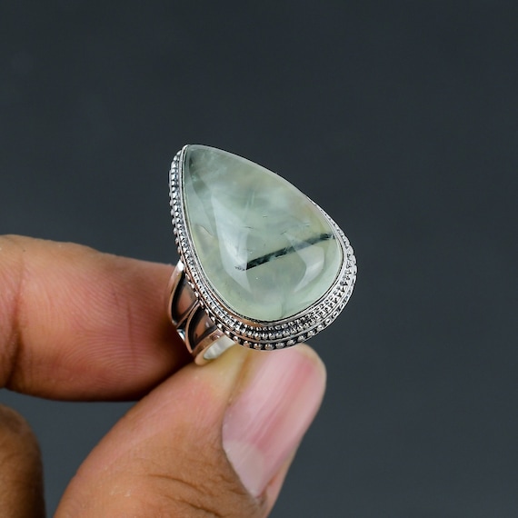Moss Prehnite Ring: Pear Gemstone, 925 Sterling Silver, Adjustable