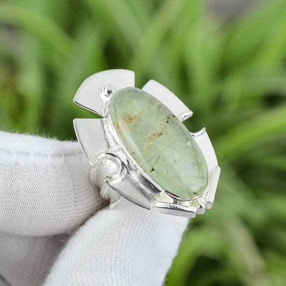 Moss Prehnite Sterling Silver Ring - Size 7, Handmade Boho Jewelry