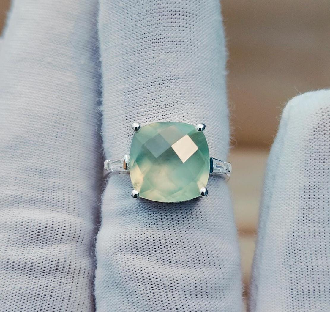 Natural Prehnite Ring, Cushion Cut Prehnite Ring, 925 Sterling Silver Ring, Checkerboard Cut Prehnite Ring, Prehnite Ring For Gift Natural Prehnite Ring, Cushion Cut Prehnite Ring, 925 Sterling Silver Ring, Checkerboard Cut Prehnite Ring, Prehnite Ring For Gift