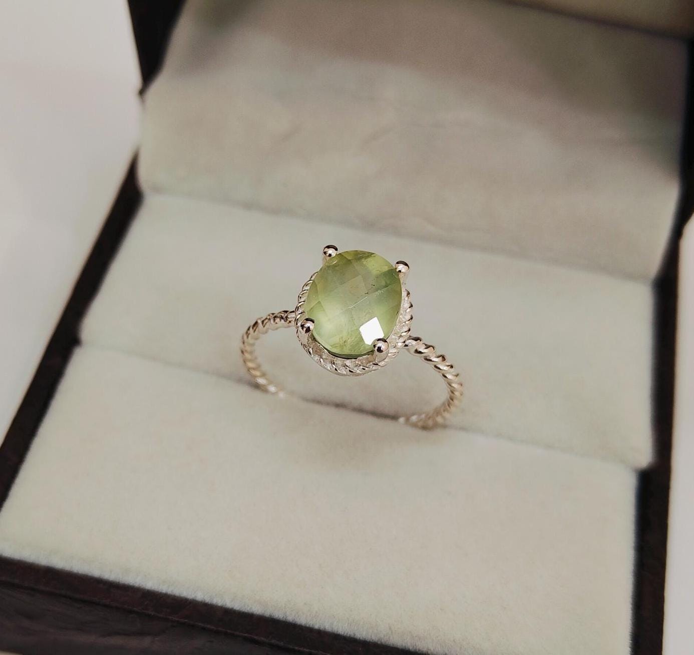 Natural Prehnite Ring, Oval Cut Prehnite Ring, 925 Sterling Silver Ring, Checkerboard Cut Prehnite Ring, Prehnite Silver Ring For Gift