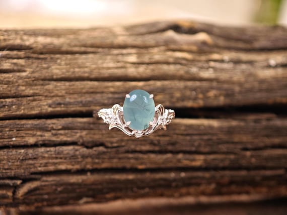 Oval Shape  Blue Prehnite Engagement Ring For Her 14k Gold Blue Prehnite Floral Wedding Ring Art Deco Leaf Design Promise Ring For Women