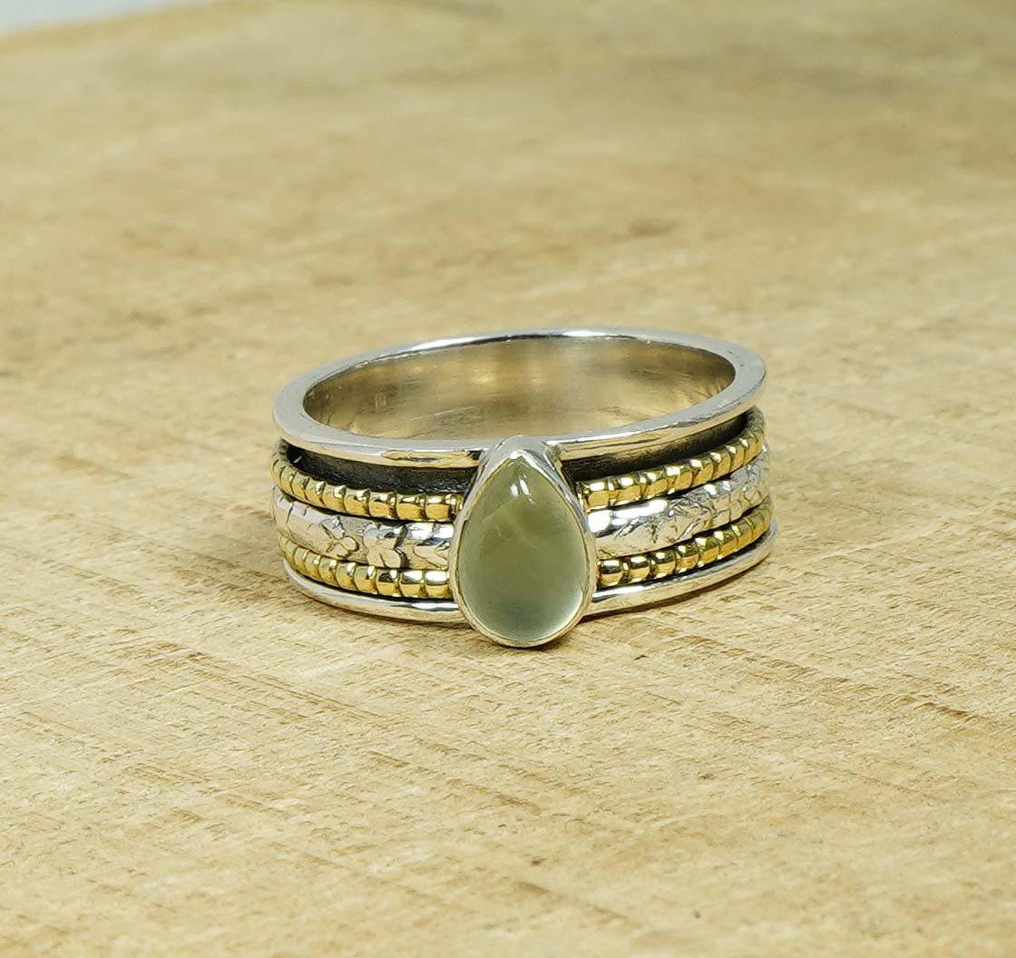 Prehnite Pear Gemstone Spinner Ring: Two Tone 925 Sterling Silver Anxiety Ring-us Size 11 Prehnite Pear Gemstone Spinner Ring: Two Tone 925 Sterling Silver Anxiety Ring-us Size 11