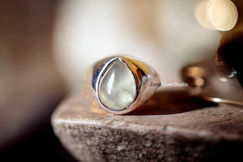 Prehnite Signet Ring, Natural Prehnite Jewelry, Men’s & Women’s Statement Ring, Sterling Silver Gemstone Ring, Personalized Gift For Him