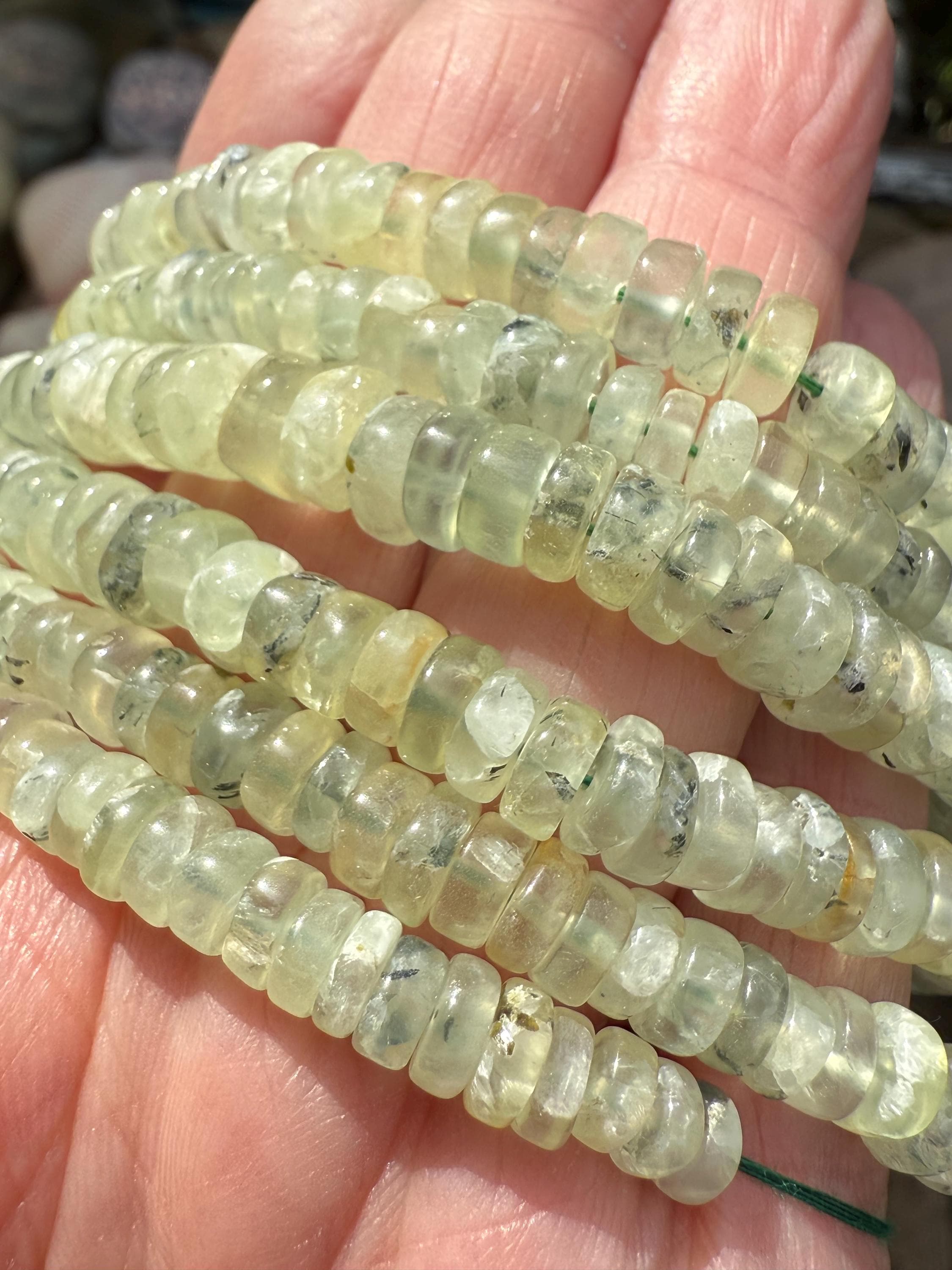 Prehnite  Natural Pale Soft Green  Hand Cut Round Heishi Rondelle Gemstone Spacer Beads 6-7mm  .4mm Hole