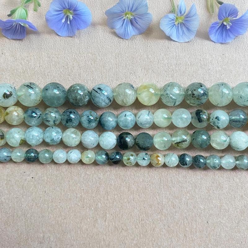 6-10mm B Mixed Green Prehnite Gemstone Beads, Smooth Round Rutilated Crystal, Natural Stone For Handcraft And