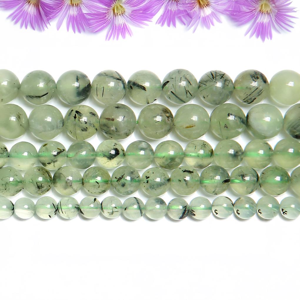 6-10mm Green Prehnite Gemstone Beads, Smooth Round Rutilated For Jewelry Making, Natural Stone For Handcraft