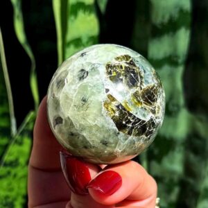 Prehnite and Epidote sphere w/ stand - “Heals the Healer" - Prehnite crystal