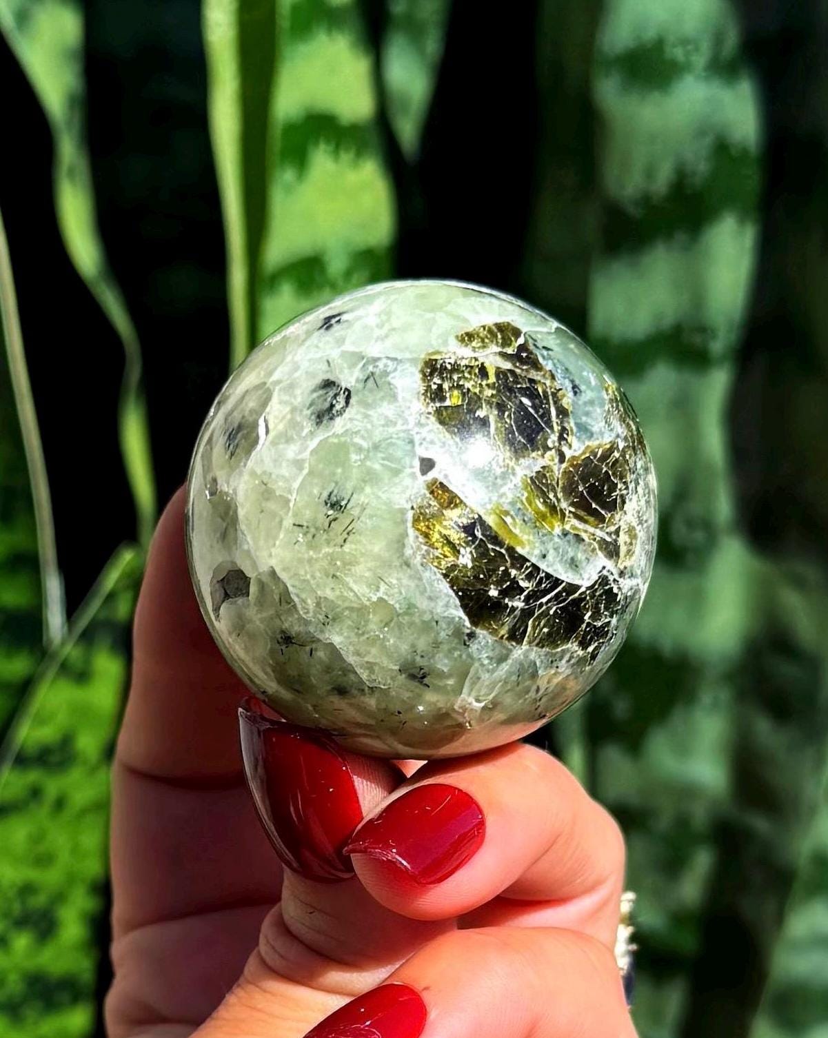 Prehnite And Epidote Sphere W/ Stand - “heals The Healer" - Prehnite Crystal Prehnite And Epidote Sphere W/ Stand - “heals The Healer" - Prehnite Crystal