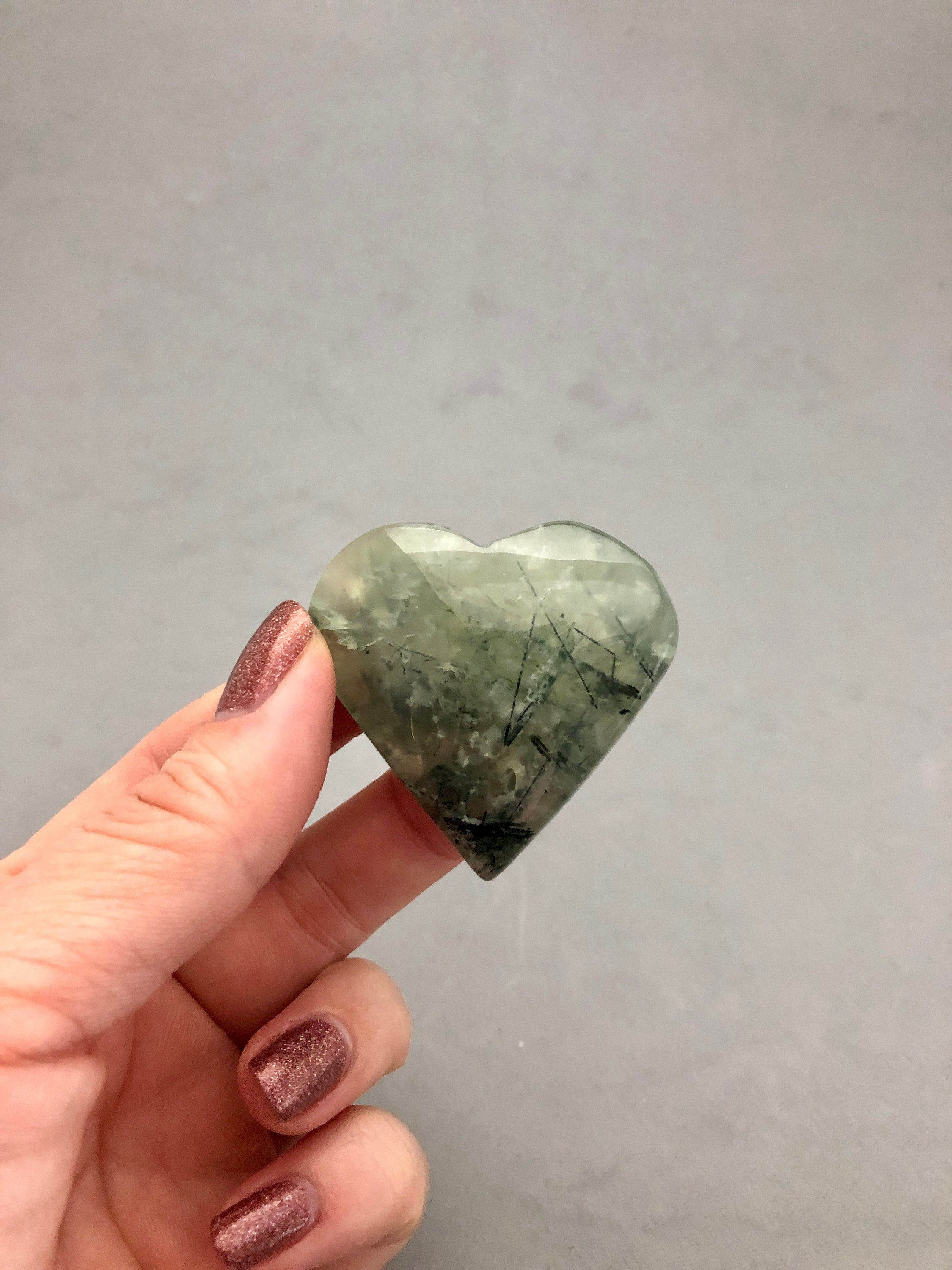 Prehnite With Epidote Heart Carving (1 5/8"+) For Crystal Empath Protection, Auric Strengthening, Heart Chakra, Metaphysical Crystal Heart
