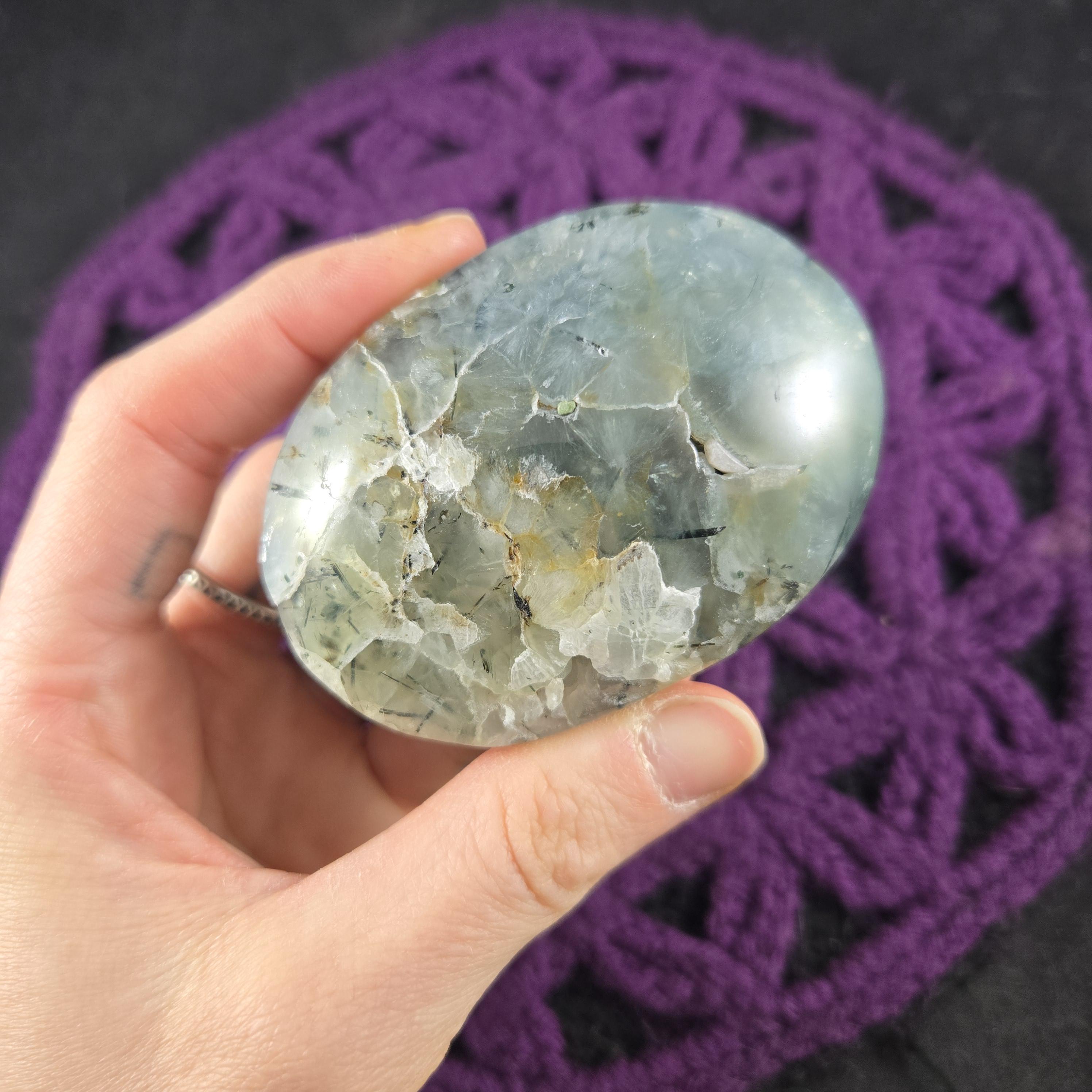 Large Prehnite With Epidote Palmstone Crystal Polished Palm Stone Gallet Green Natural Unique Large Prehnite With Epidote Palmstone Crystal Polished Palm Stone Gallet Green Natural Unique