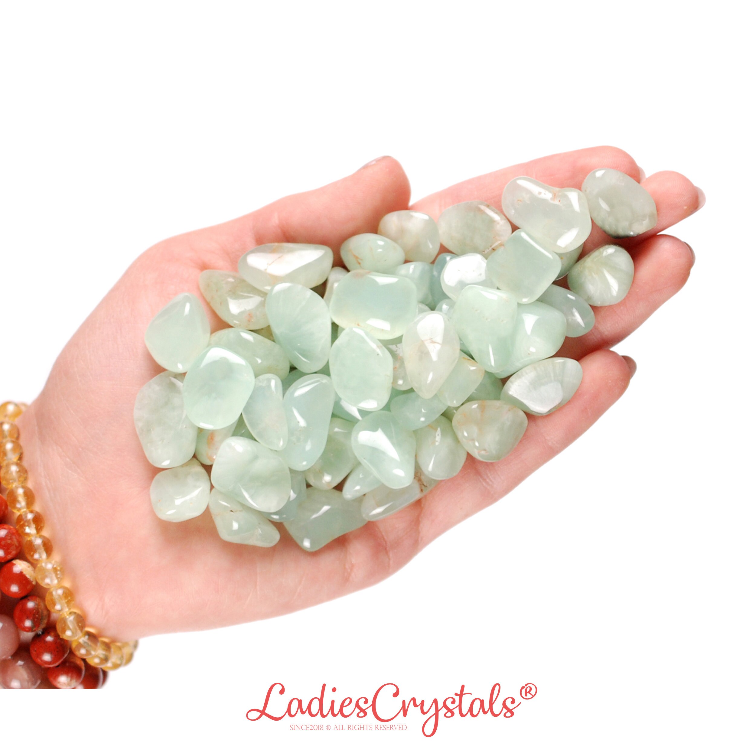 Set Of 10 Prehnite Tumbled Stones, Pale Green Crystal, Healer And Altar Ritual Gem