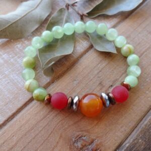 Protection Bracelet, Green Calcite & Carnelian Healing Bracelet, Gemstone Bracelet, Stretch Bracelet, Beaded Bracelet, Gemstone Jewelry Gift