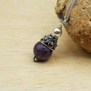Purple Lepidolite pendant. Bali silver beads. Reiki jewelry uk. Libra jewelry. Minimalist cone necklace