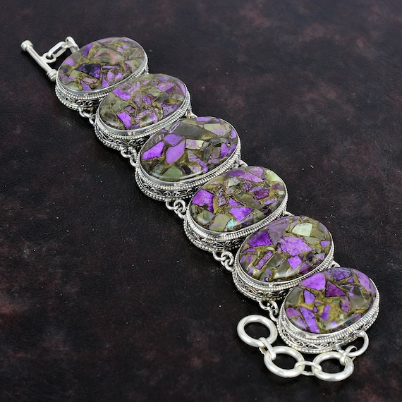 Vintage Copper Purpurite Bracelet: 925 Sterling Silver, Adjustable Chain