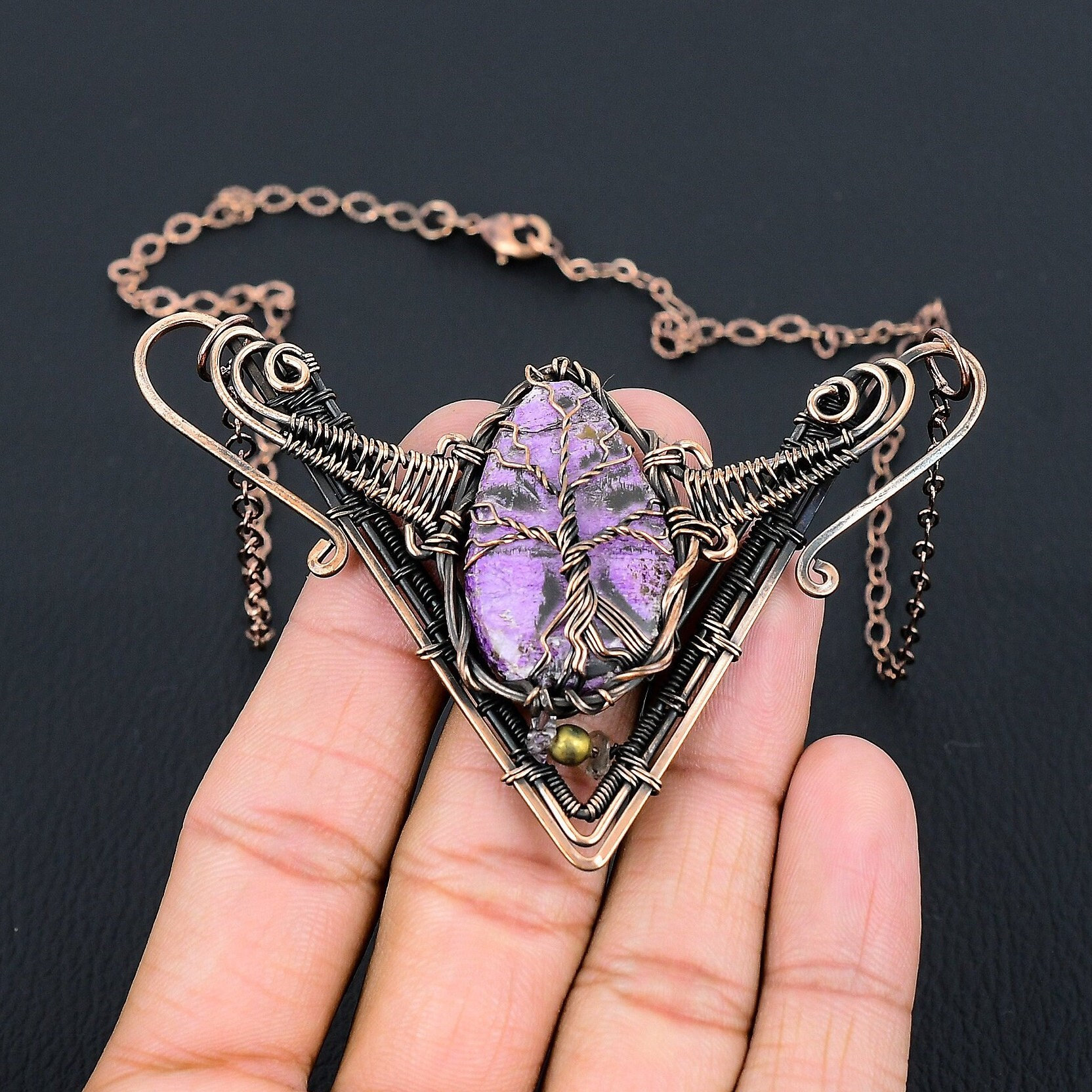 Purpurite Necklace, Tree Of Life Copper Wire Wrapped Necklace, Natural Purpurite Gemstone Necklace, Handmade Chain Necklace Wedding Gifts