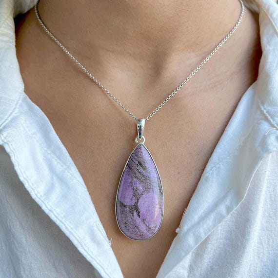 Purpurite Pendant / 925 Sterling Silver / Healing Gemstone / Gifts For Her / Pear Cab / Purpurite Jewelry / Statement Pendant Ppt-p-9.