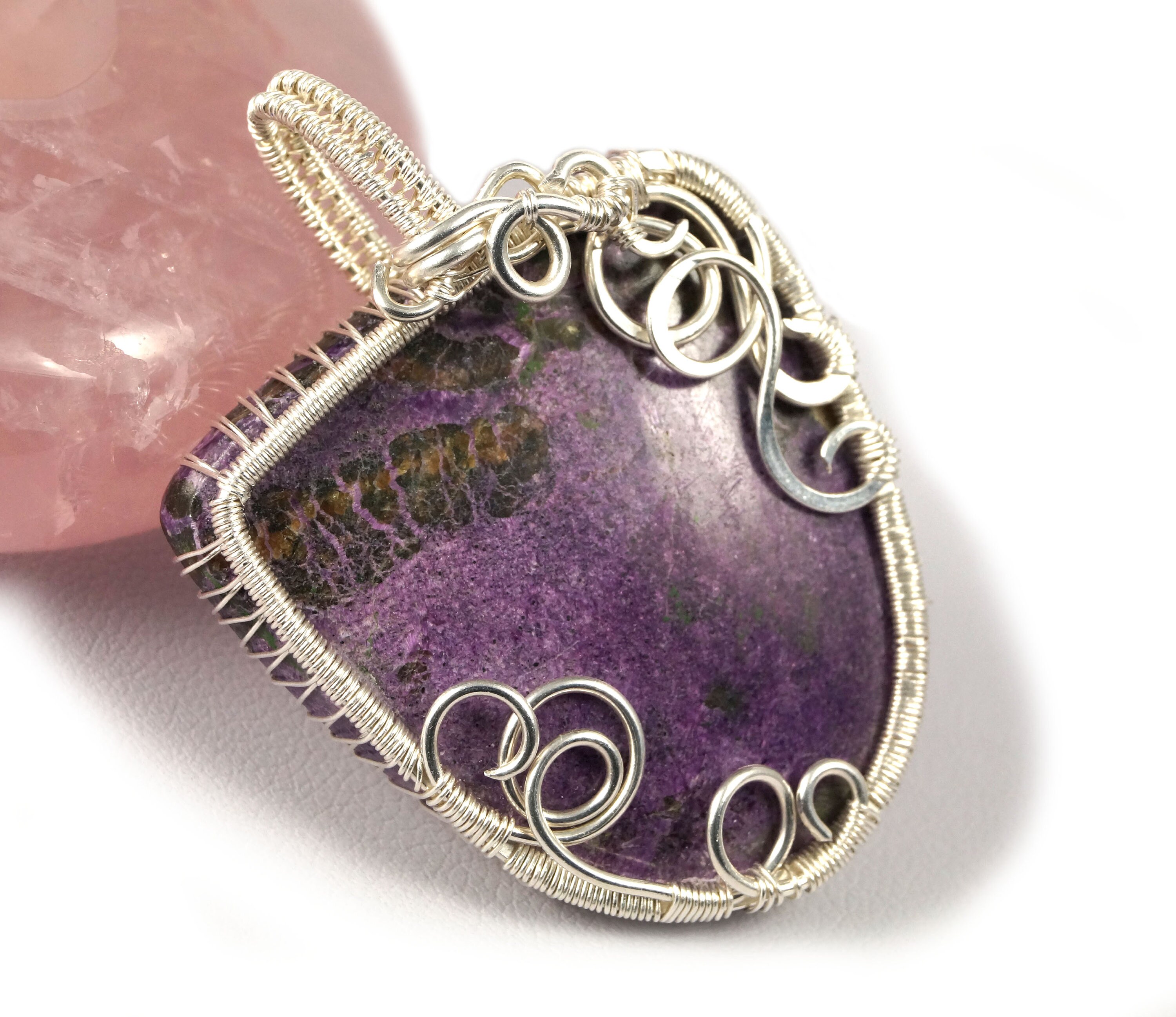 Handcrafted Sterling Silver Purpurite Pendant: Artisan Wire Wrapped Jewelry