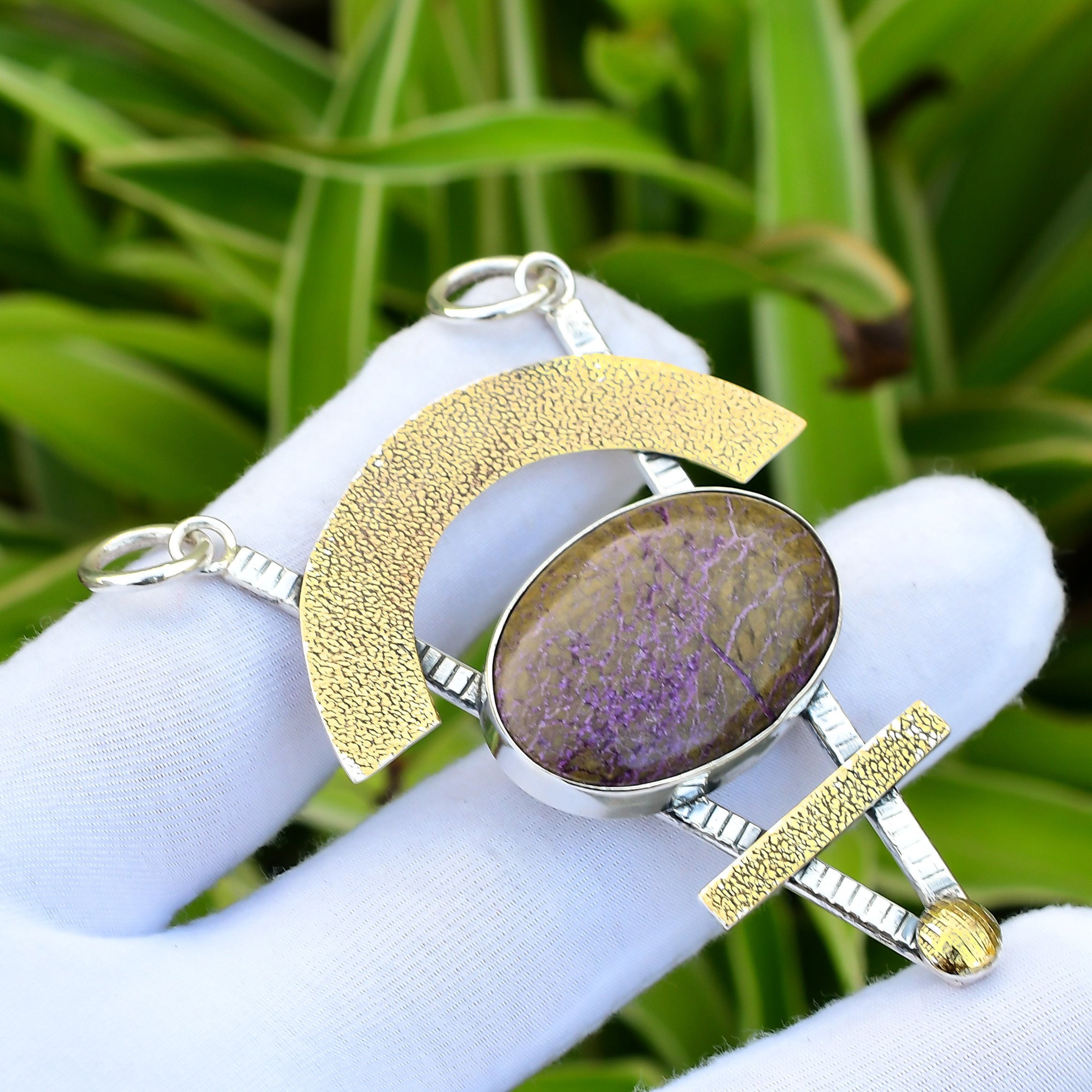 Handmade Purpurite Pendant: 925 Sterling Silver, 18k Gold Plated