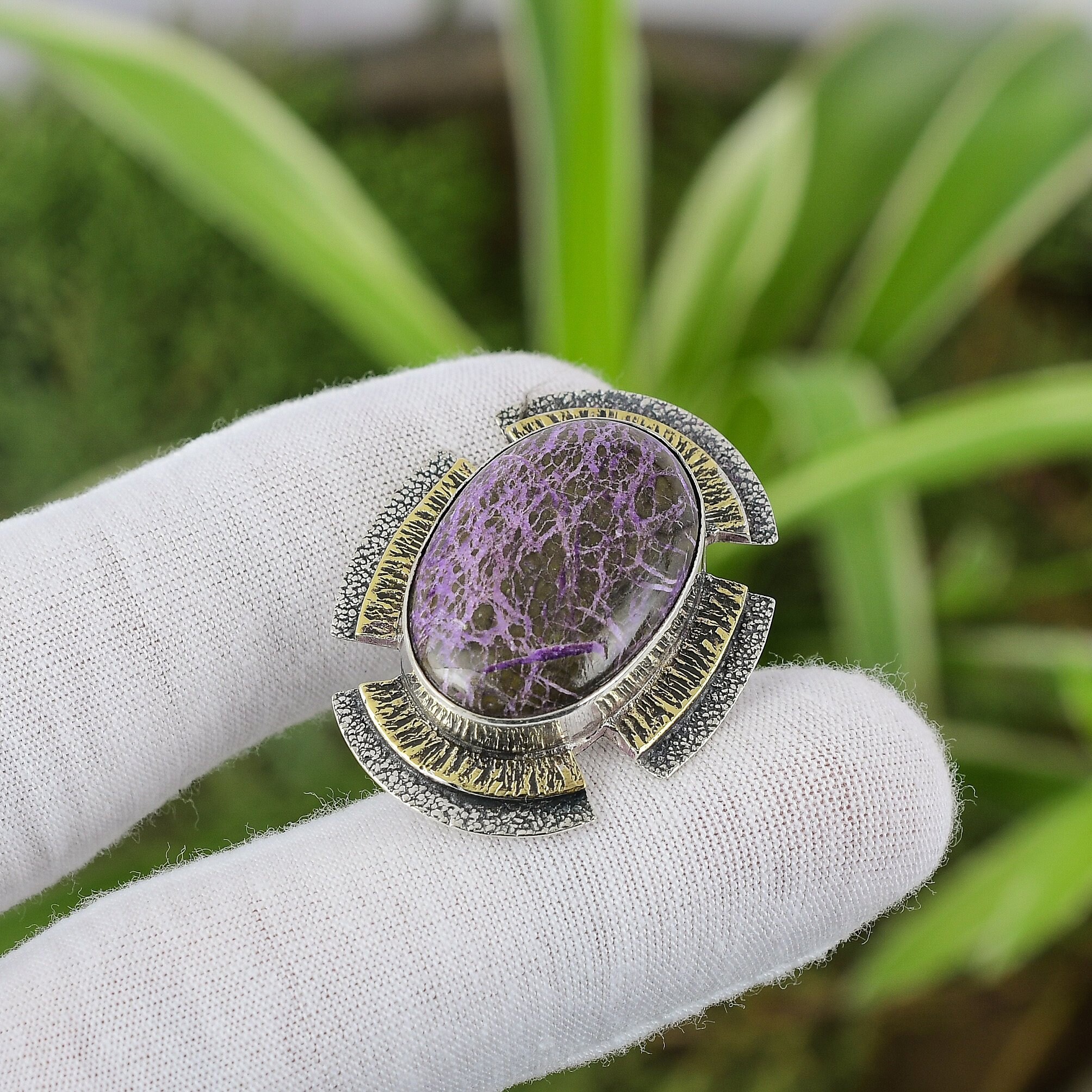 Handmade Purpurite Pendant: 925 Sterling Silver, 18k Gold Plated