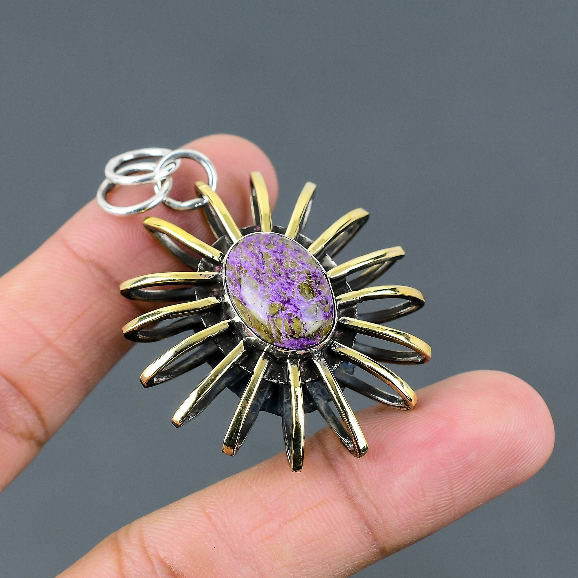 Handmade Purpurite Pendant: 925 Sterling Silver 18k Gold Plated Cage Jewelry