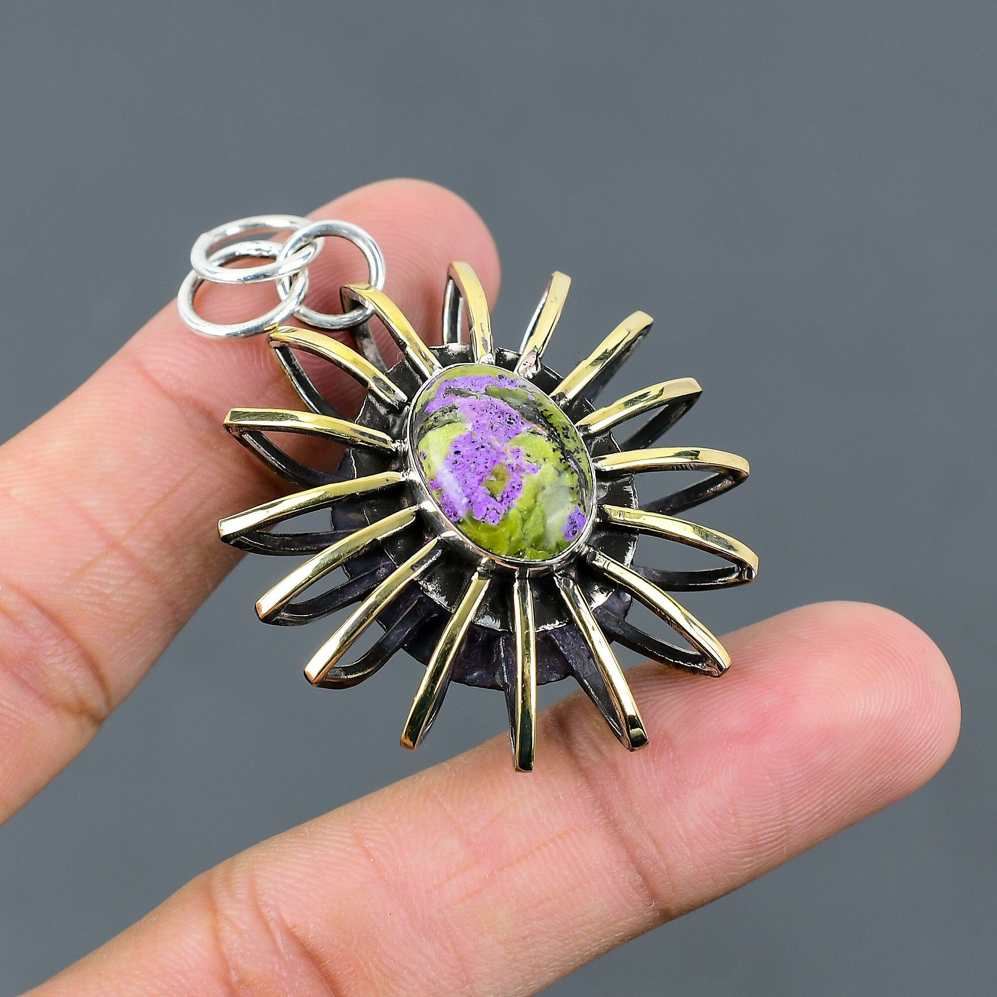 Handmade Purpurite Pendant: 925 Sterling Silver 18k Gold Plated Boho Jewelry