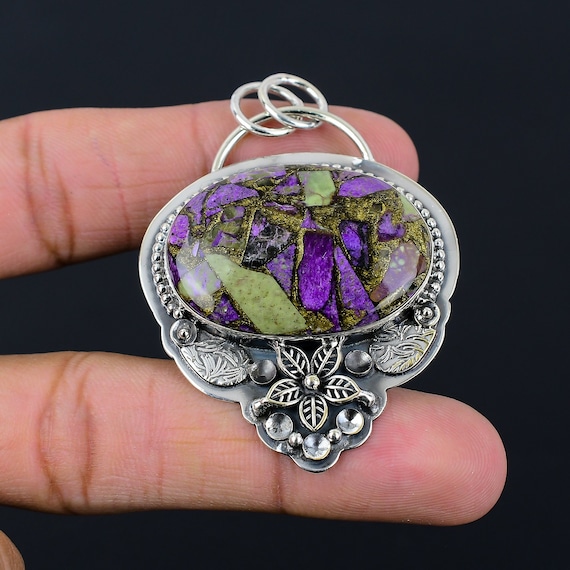 Handmade Copper Purpurite Pendant: Sterling Silver Flower Jewelry