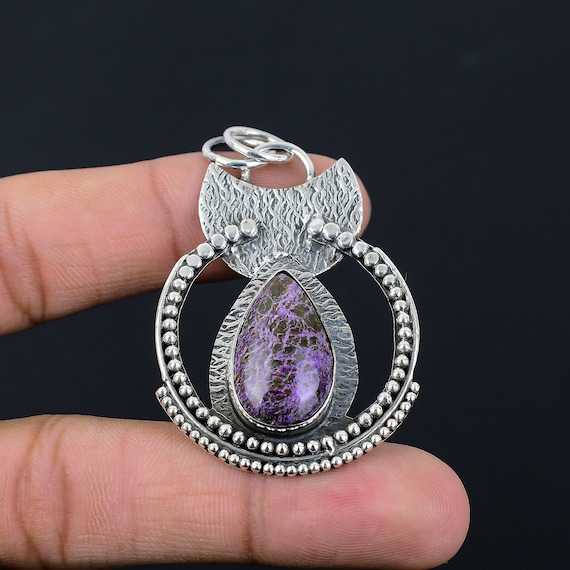Handmade Purpurite Pendant: Ethnic Sterling Silver Jewelry