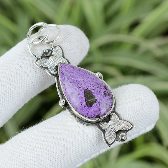Handmade Pear Purpurite Pendant: 925 Sterling Silver Boho Jewelry Handmade Pear Purpurite Pendant: 925 Sterling Silver Boho Jewelry