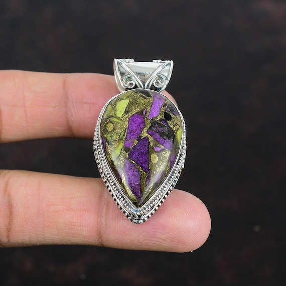 Handmade Pear Copper Purpurite Pendant: Vintage 925 Sterling Silver