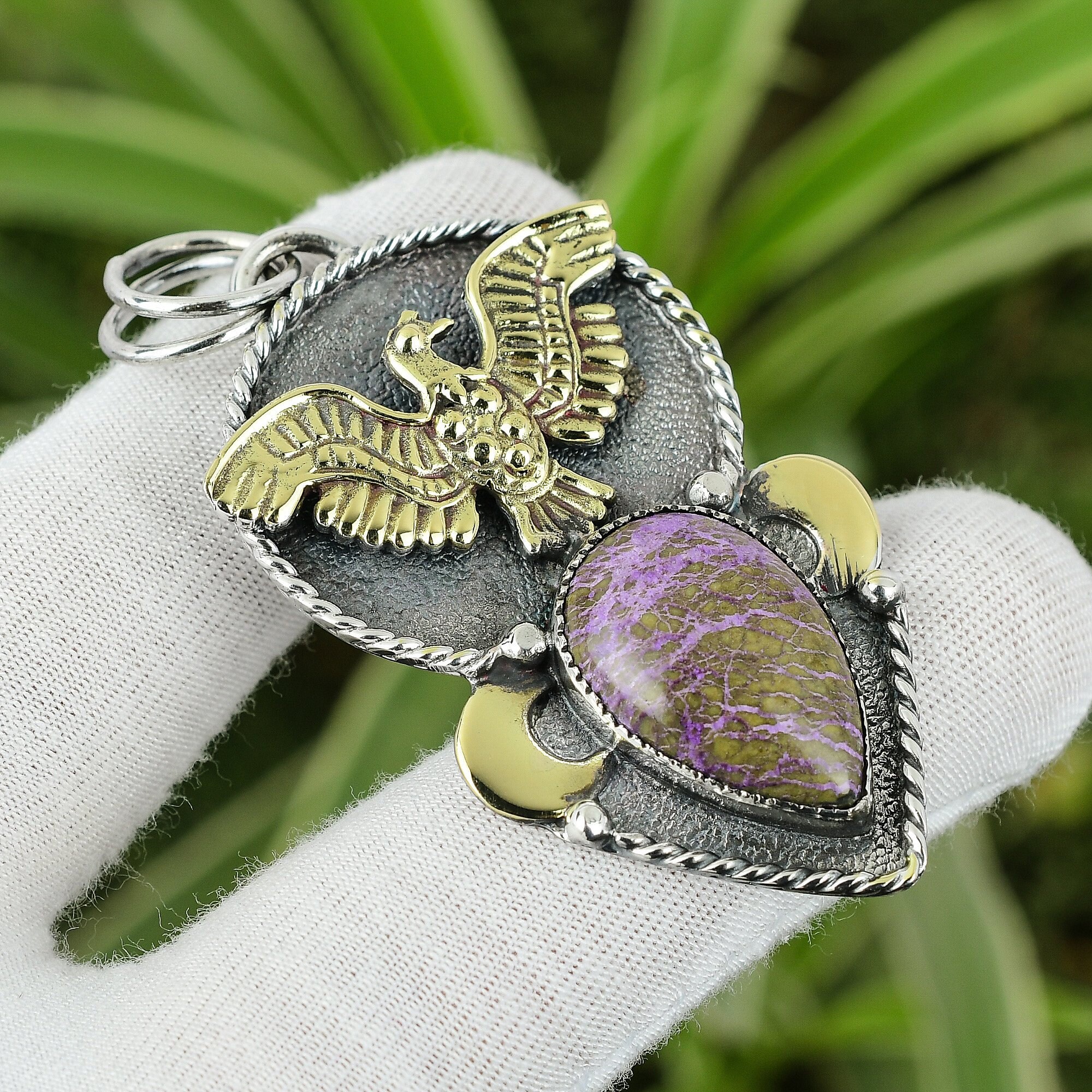 Handmade Purpurite Pendant: Sterling Silver 18k Gold Eagle Jewelry Handmade Purpurite Pendant: Sterling Silver 18k Gold Eagle Jewelry