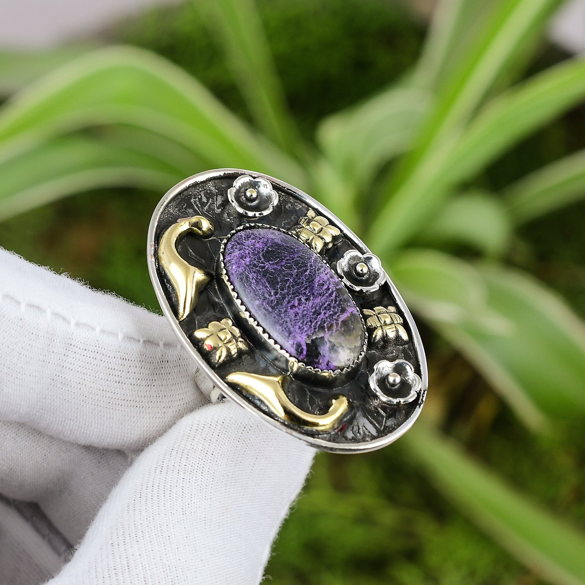 Purpurite Ring: Handmade 925 Sterling Silver 18k Gold Plated Adjustable Gemstone Purpurite Ring: Handmade 925 Sterling Silver 18k Gold Plated Adjustable Gemstone