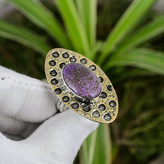 Handmade Purpurite Ring: 925 Sterling Silver, 18k Gold Plated, Adjustable