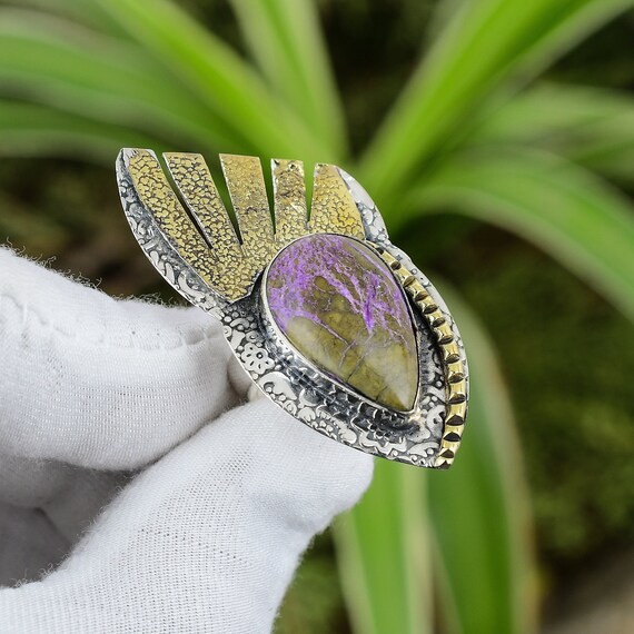 Handmade Pear Purpurite Ring: 925 Sterling Silver, 18k Gold Plated, Adjustable