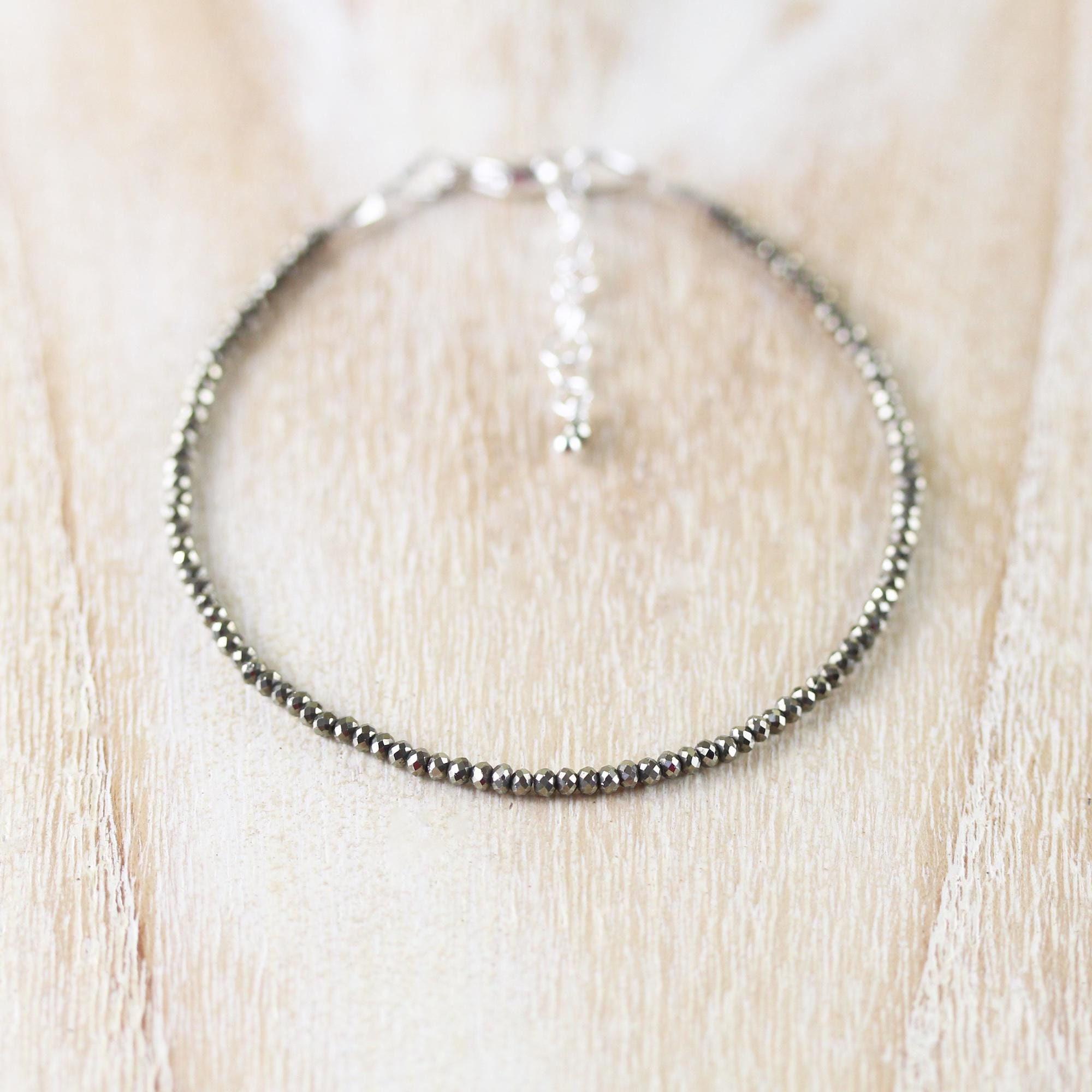 Pyrite Dainty Bracelet In 925 Sterling Silver, 14kt Gold Or Rose Gold Filled, Delicate Beaded Stacking Bracelet. Tiny 2mm Faceted Gemstones