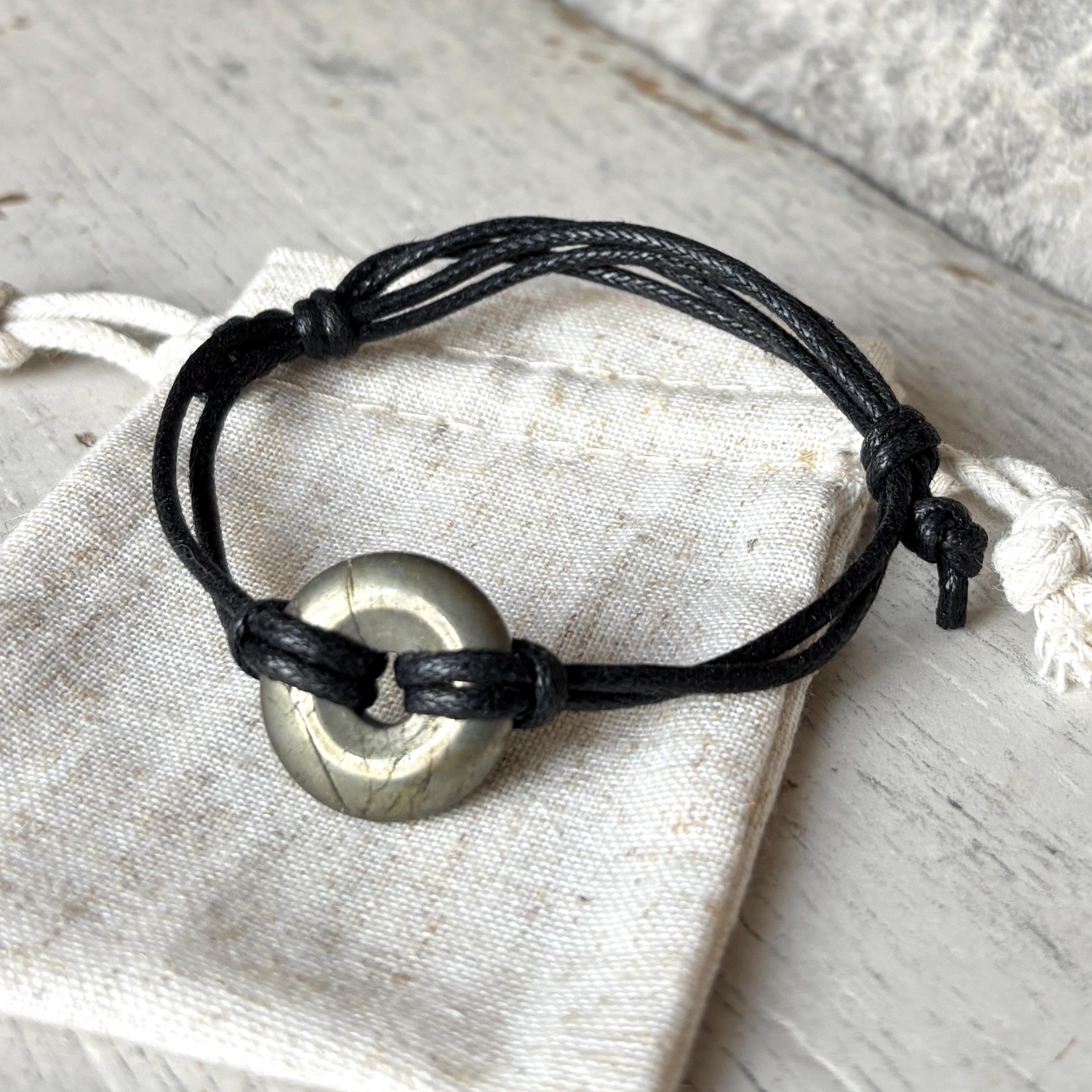 Pyrite Bracelet For Man, Adjustable Leather Chakra Donut Bracelet Pyrite Bracelet For Man, Adjustable Leather Chakra Donut Bracelet