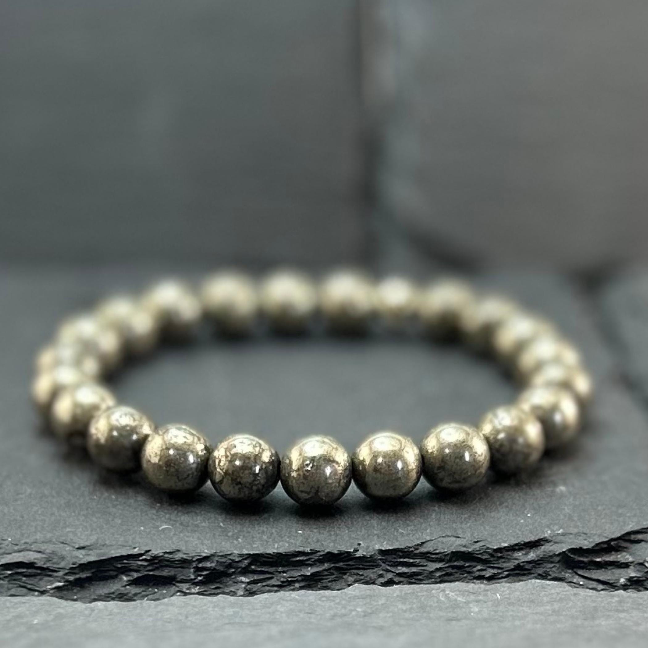 Genuine Pyrite Beaded Bracelet: 14k Gold Accent, Handmade Jewelry Genuine Pyrite Beaded Bracelet: 14k Gold Accent, Handmade Jewelry