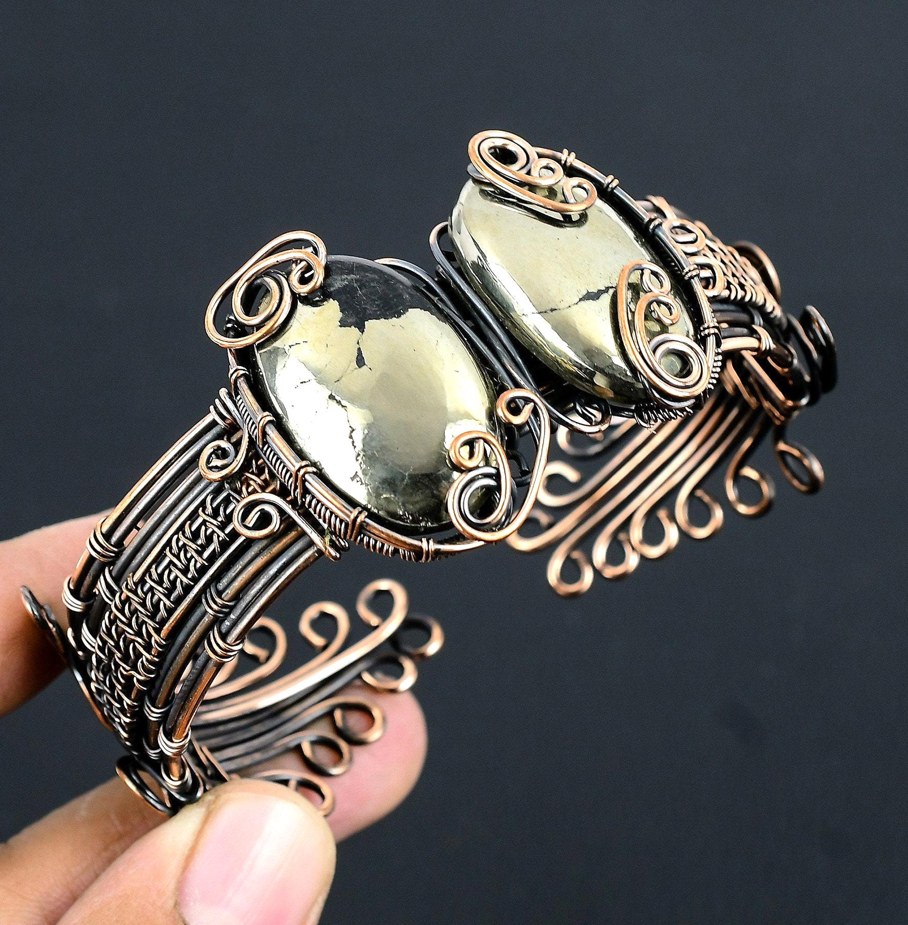 Golden Apache Pyrite Copper Bracelet Apache Pyrite Bracelet Copper Wrap Cuff Bangle Wire Wrapped Handmade Jewelry Unique Gift For Mom & Wife
