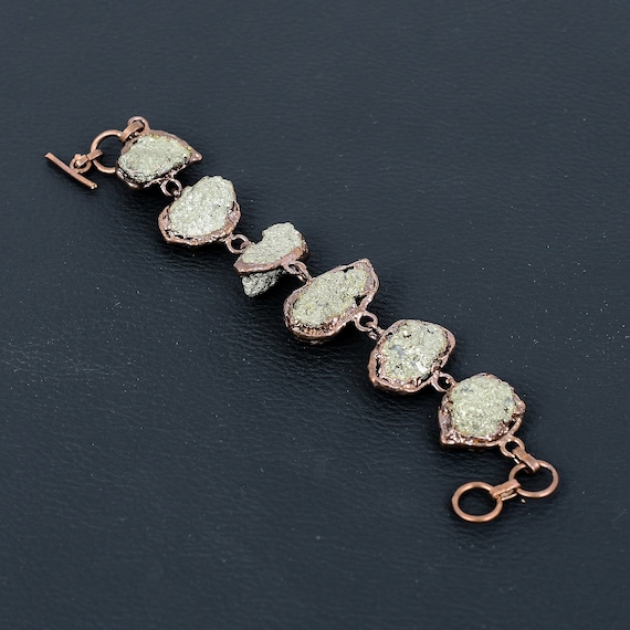 Handmade Electroformed Copper Pyrite Bracelet: Adjustable Gemstone Jewelry Handmade Electroformed Copper Pyrite Bracelet: Adjustable Gemstone Jewelry